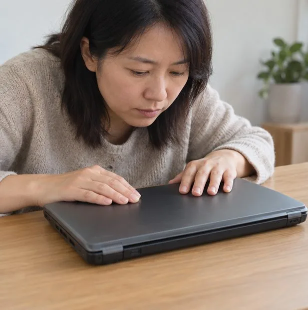 전원이 꺼진 노트북의 케이스와 터치패드 주변을 살펴보는 모습