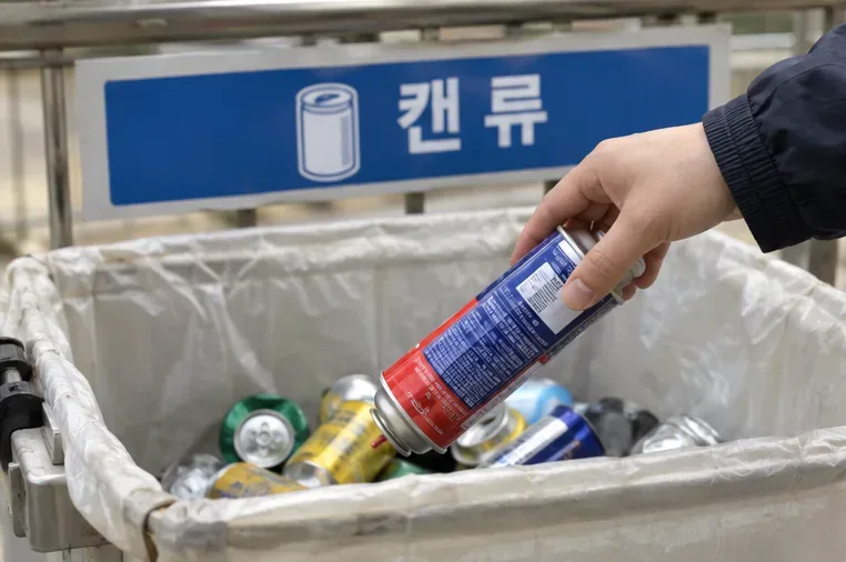 캔류라고 표시된 재활용 수거함에 완전히 빈 부탄가스통을 넣는 모습