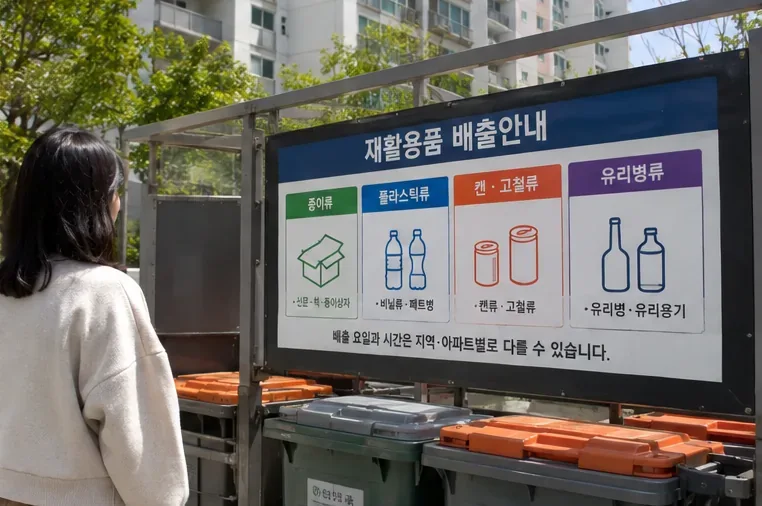 아파트 재활용품 배출 안내판에서 캔·고철류 항목과 다른 재활용 분류를 확인하는 모습