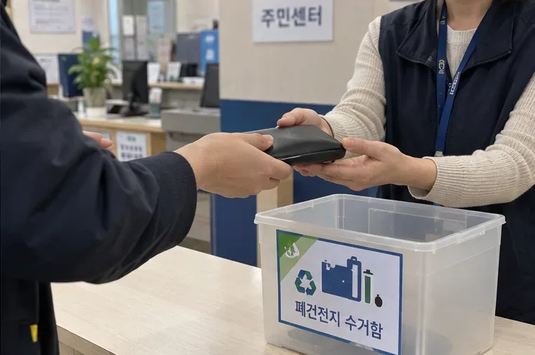 주민센터 접수대에서 직원에게 부푼 보조배터리를 직접 건네고 옆에 폐건전지 수거함이 놓인 모습