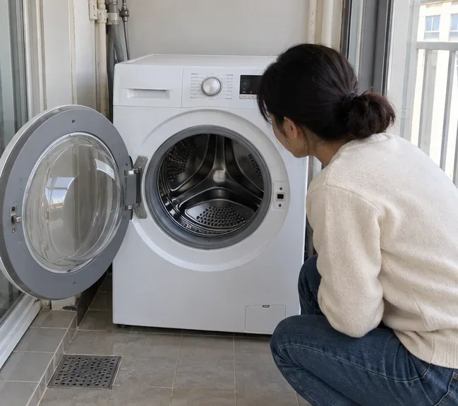 부산 아파트 세탁실에서 주민이 온전한 드럼세탁기의 빈 세탁조를 살펴보는 모습