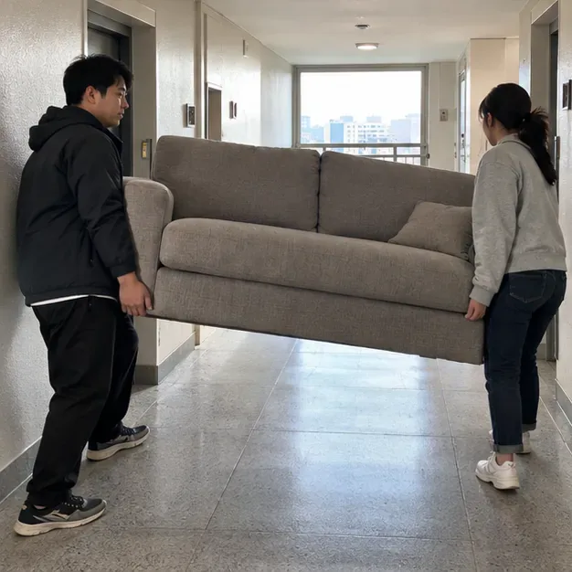 두 사람이 소파를 양쪽에서 들어 아파트 복도를 지나 이동한다. 큰 소파를 옮길 때 동행과 이동 경로가 필요한 상황을 보여준다.