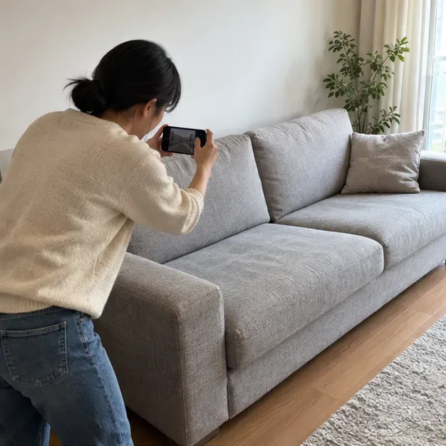 한 사람이 깨끗한 소파의 상태를 살펴 사진을 찍는다. 재사용이나 나눔을 제안하기 전에 오염과 손상을 확인하는 모습이다.