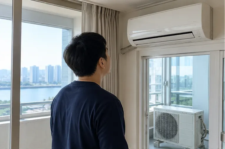 부산의 아파트 실내에서 벽걸이 에어컨과 발코니 실외기의 설치 상태를 확인하는 모습