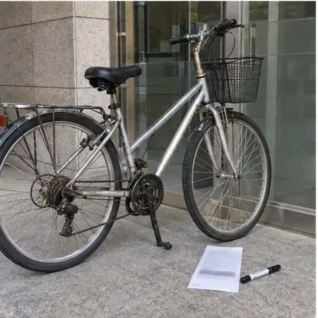 건물 입구에 자전거와 배출 확인용 종이 및 펜을 준비한 모습