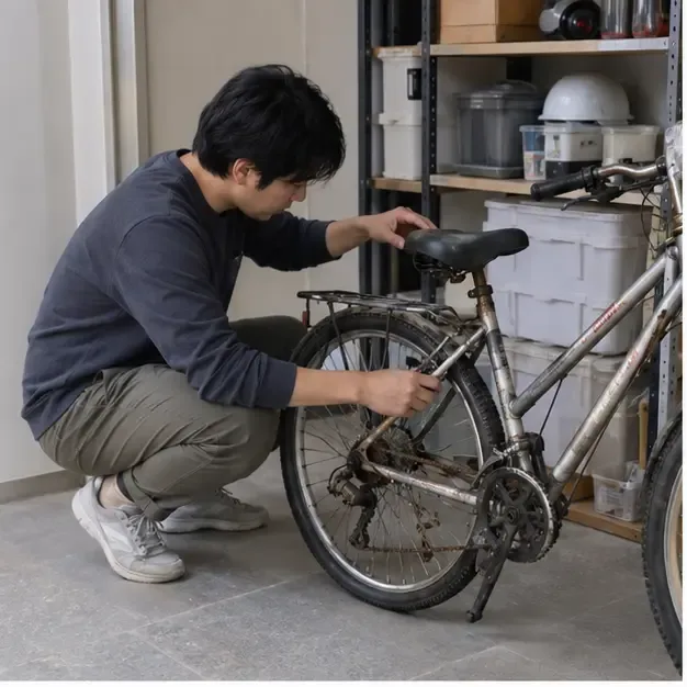 아파트 창고에서 성인용 자전거의 상태를 확인하는 사람