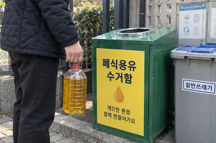 밀폐된 폐식용유 용기를 들고 폐식용유 수거함 앞에서 배출 안내를 확인하는 주민의 모습