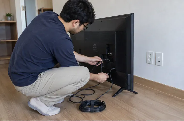 사용자가 TV 뒤쪽의 전원선과 영상 케이블을 분리하고 정리하는 모습