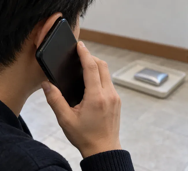 부푼 보조배터리를 불연성 트레이에 둔 채 휴대전화로 수거처에 문의하는 모습