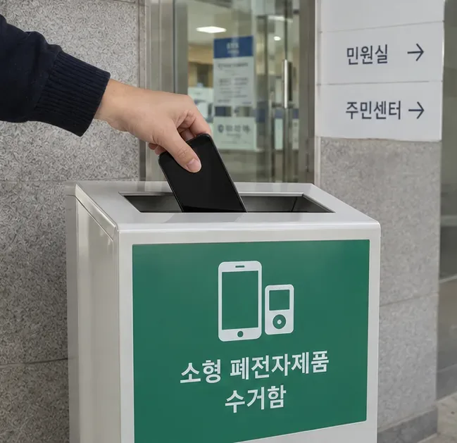행정복지센터에 있는 소형 폐전자제품 수거함에 스마트폰을 넣는 모습
