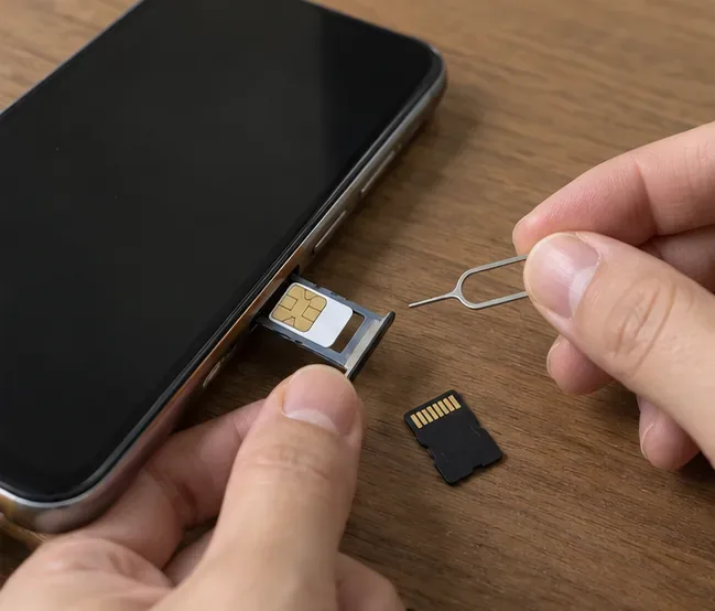 스마트폰의 SIM 트레이를 열고 SIM 카드와 메모리카드를 분리하는 모습