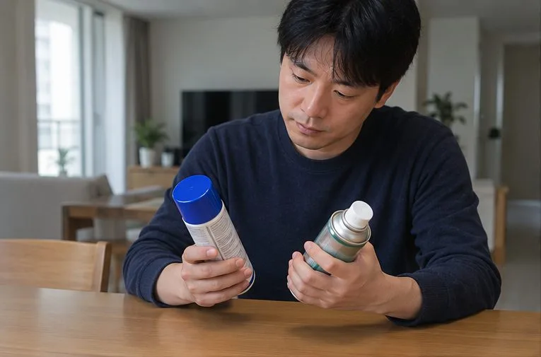 한 사람이 스프레이캔 두 개를 손에 들고 제품 표시와 용기 상태를 확인하는 모습