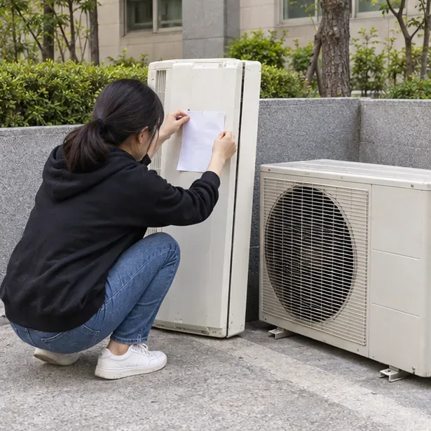 한 사람이 지상 배출 장소에서 에어컨 실외기에 작은 종이를 붙이는 모습.