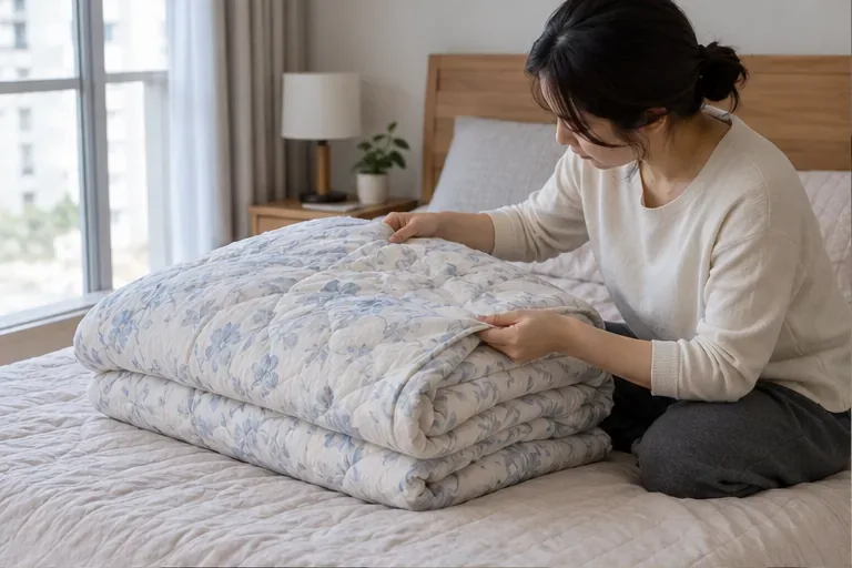 한 여성이 침대 위에 접어 둔 이불의 천과 상태를 살펴보고 있다.