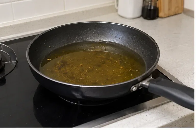 프라이팬에 음식 찌꺼기가 섞인 사용 후 식용유가 남아 있는 모습