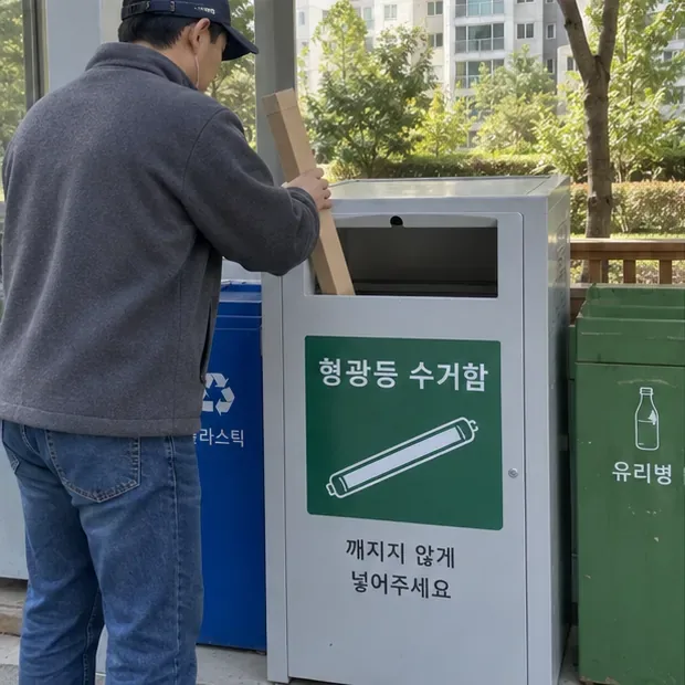 아파트 재활용장에 설치된 형광등 수거함 표지를 확인하며 긴 램프를 넣는 주민