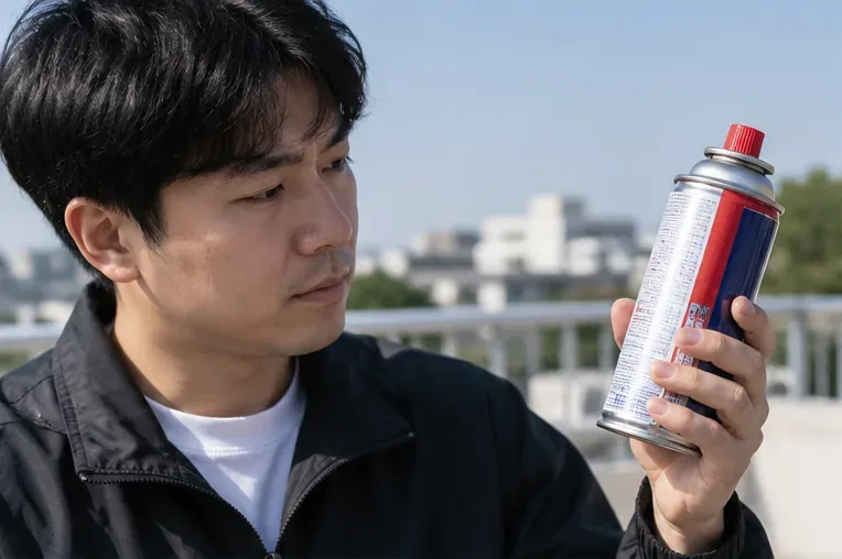 실외에서 부탄가스 캔의 외관과 노즐 상태를 확인하는 모습