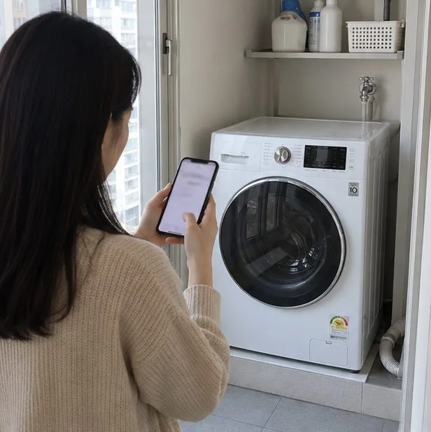서울 아파트 세탁실의 온전한 드럼세탁기를 보며 스마트폰으로 수거 예약을 확인하는 주민
