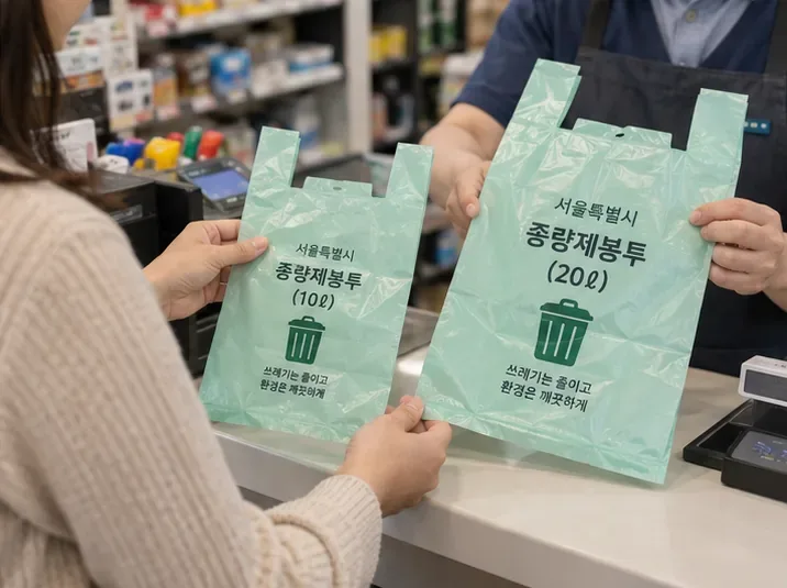 편의점 계산대에서 10리터와 20리터 서울 종량제봉투를 비교하는 모습