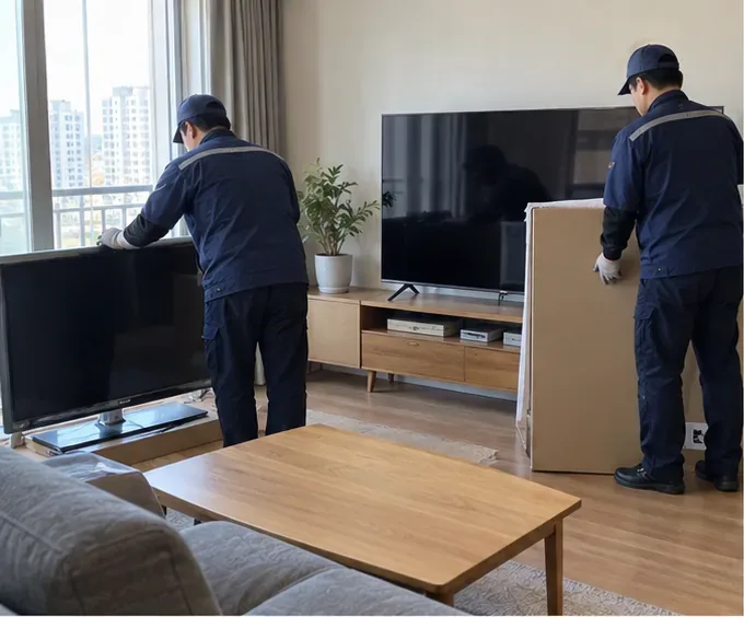 새 TV 배송과 함께 기존 TV를 옮기는 작업자들이 있는 서울 아파트 거실