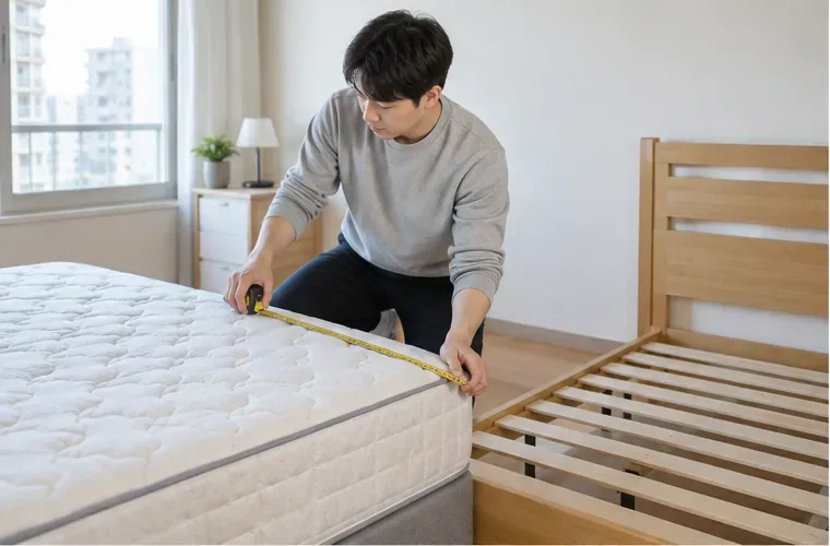 침대 프레임에서 매트리스를 분리하고 줄자로 크기를 확인하는 모습