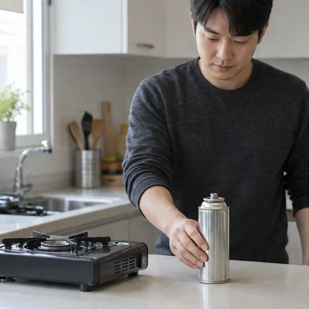 불이 꺼진 휴대용 버너 옆에 식힌 부탄가스통을 안전하게 세워 두는 사람