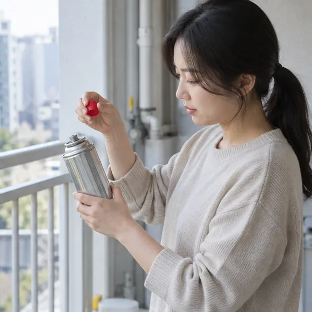 통풍이 되는 발코니에서 식은 부탄가스통의 플라스틱 뚜껑을 분리하는 사람
