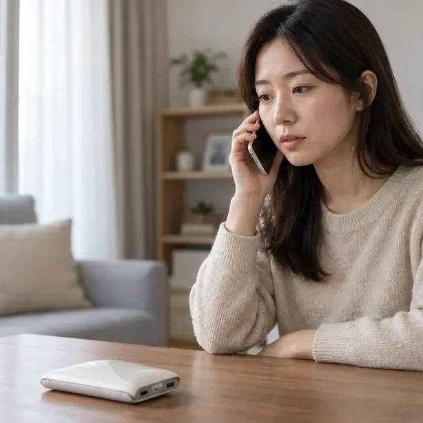 한 여성이 테이블 위의 부풀어 오른 보조배터리를 건드리지 않은 채 전화로 처리 방법을 문의하고 있다