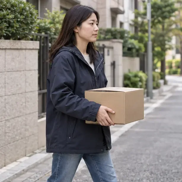 한 여성이 서울의 조용한 주택가 보도에서 부풀어 오른 보조배터리가 들어 있는 상자를 양손으로 수평으로 들고 있다