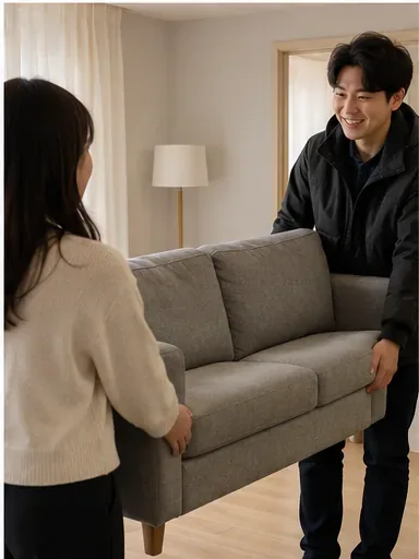 상태가 양호한 회색 소파를 두 사람이 실내에서 함께 옮기는 모습