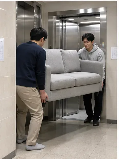 아파트 엘리베이터 앞에서 두 사람이 회색 소파를 조심스럽게 옮기는 모습