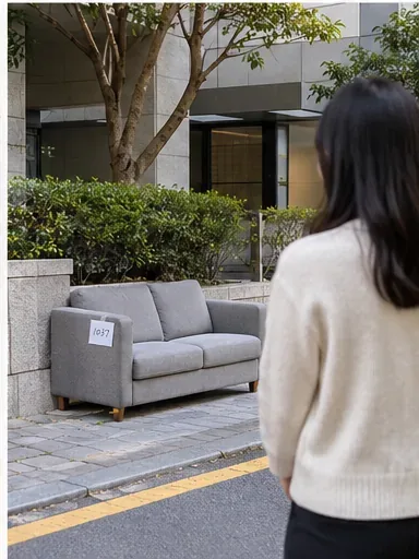배출번호가 붙은 회색 소파가 건물 밖 지정 장소에 놓여 있고 사람이 상태를 확인하는 모습