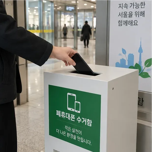 서울의 공공시설 안에서 사람이 폐휴대폰 전용 수거함에 오래된 스마트폰을 넣는 모습