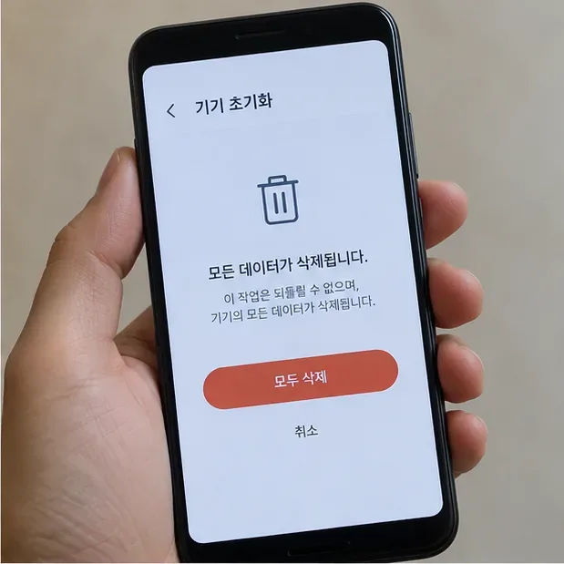 손에 든 스마트폰 화면에 기기 초기화와 모든 데이터 삭제 확인 화면이 표시된 모습