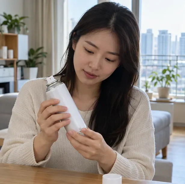 한 사람이 흰색 스프레이캔을 살펴보며 용기와 노즐 상태를 확인하고 있다.