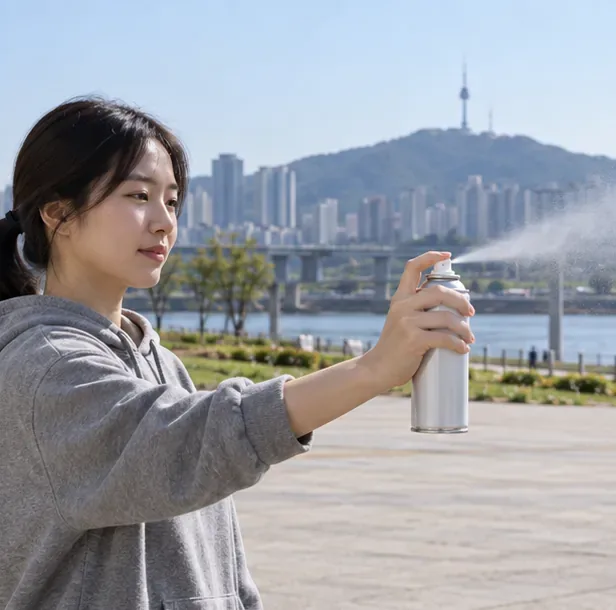 한 사람이 탁 트인 야외에서 스프레이캔의 노즐을 눌러 남은 분사물을 배출하고 있다.