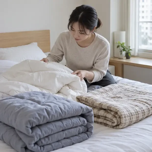 침대 위에서 사람이 이불의 상태를 확인하고 사용할 이불과 버릴 이불을 구분하는 모습