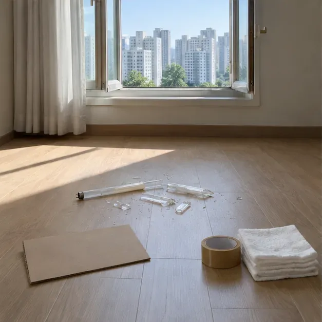 바닥에 깨진 형광등 조각이 있고 창문이 열려 있으며 청소 도구가 놓여 있습니다.