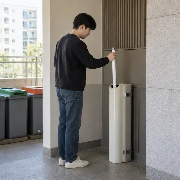 아파트 재활용 공간에서 주민이 긴 형광등을 세워 전용 수거함에 넣고 있습니다.