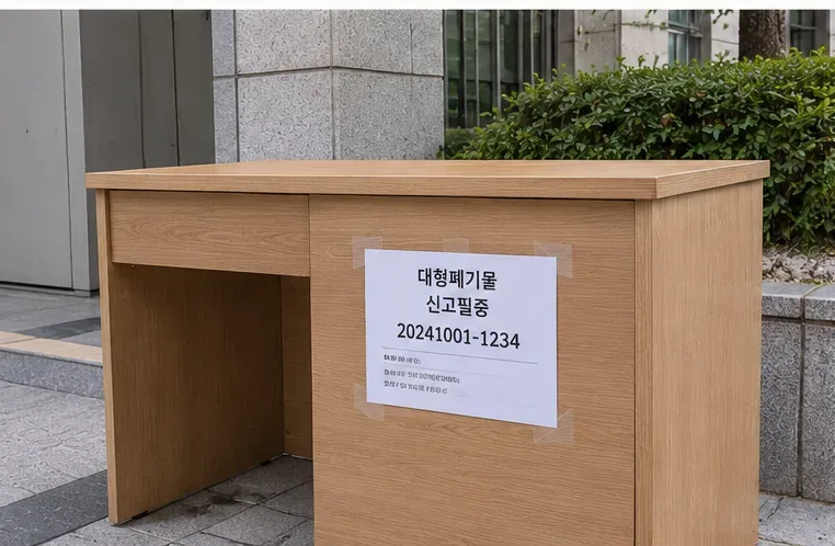 대형폐기물 신고 접수번호가 적힌 종이를 목재 책상 앞면에 잘 보이도록 부착한 모습