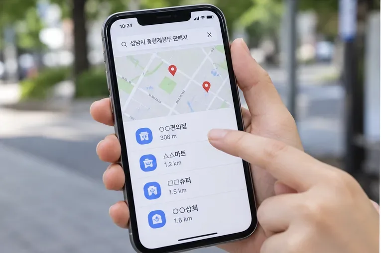 스마트폰 지도 화면에서 주변 종량제봉투 판매처를 확인하는 모습