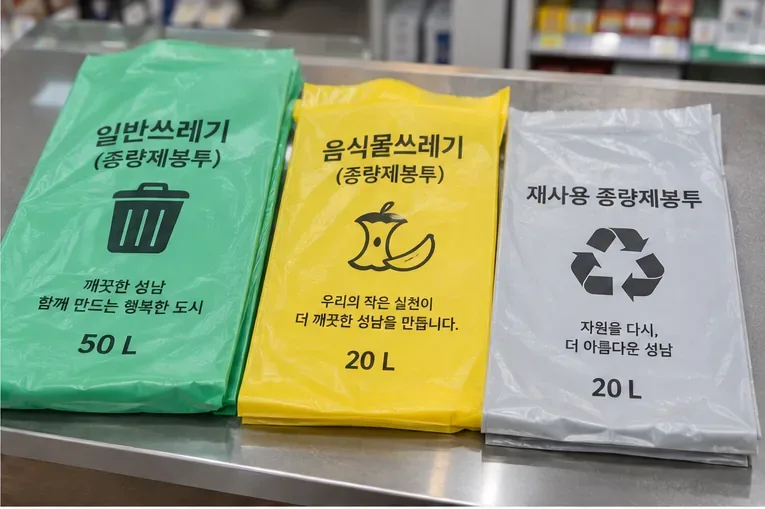 초록색 일반쓰레기 봉투, 노란색 음식물쓰레기 봉투, 회색 재사용 종량제봉투가 나란히 놓인 모습