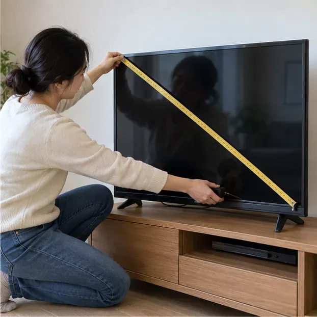 한 사람이 TV 화면의 대각선을 줄자로 재고 있다.