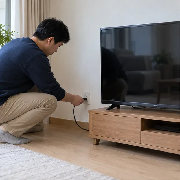 거실에서 TV 전원 플러그를 콘센트에서 빼는 사람의 모습.