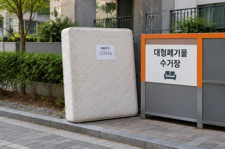공동주택의 대형폐기물 수거장 옆에 배출번호가 붙은 매트리스를 세워 둔 모습