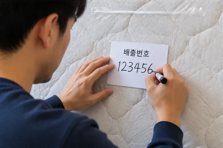 매트리스 표면에 배출번호가 적힌 종이를 붙이는 모습
