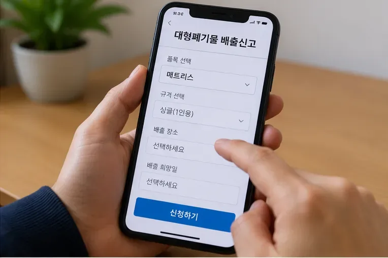 스마트폰 화면에서 대형폐기물 배출 신고 항목과 매트리스 규격을 확인하는 모습
