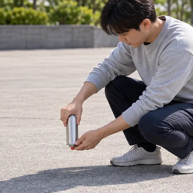 통풍되는 야외에서 부탄가스통을 세워 잡고 노즐을 누르는 성인