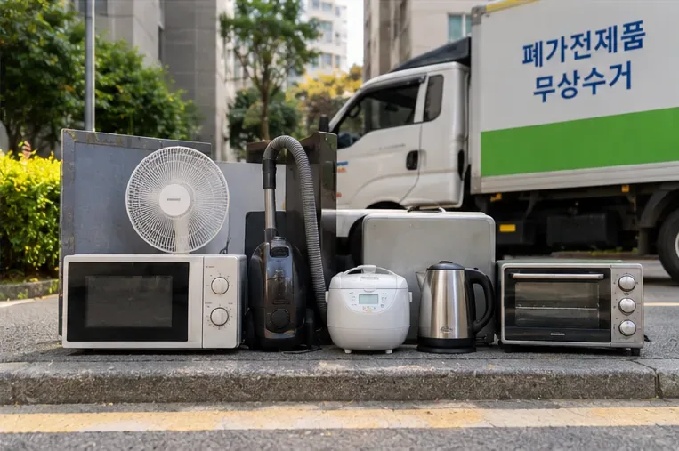 전자레인지와 선풍기, 청소기, 전기밥솥 등 여러 폐가전이 수거 차량 앞에 모여 있는 모습