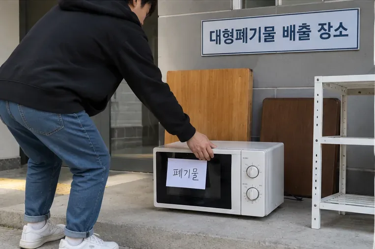 공동주택의 대형폐기물 배출 장소 표지 아래 전자레인지를 내려놓는 사람
